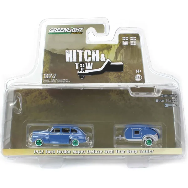 Manufacturer_Greenlight Collectibles Cars & Suvs<Green Machine ~ 1/64 1942 Ford Fordor Super Deluxe with Tear Drop Trailer, Hitch & Tow Series 30