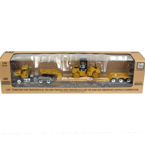 Manufacturer_Diecast Masters Lowboys & Flatbeds<1/50 High Detail CAT CT660 Day Cab Tractor & XL 120 Low-Profile HDG Trailer with CAT CB-534D XW Vib