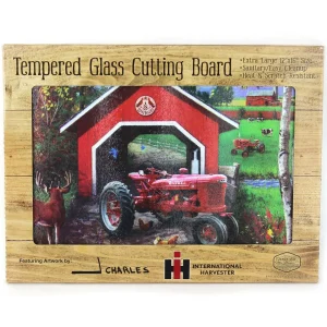 Outback Toys Kitchen<IH Farmall H Tractor with Covered Bridge Glass Cutting Board, 15.5in x 11.75in
