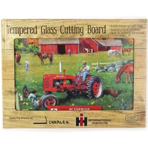 Outback Toys Kitchen<IH McCormick Farmall C Tractor in Farm Scene Glass Cutting Board, 15.5in x 11.75in