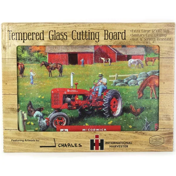 Outback Toys Kitchen<IH McCormick Farmall C Tractor in Farm Scene Glass Cutting Board, 15.5in x 11.75in