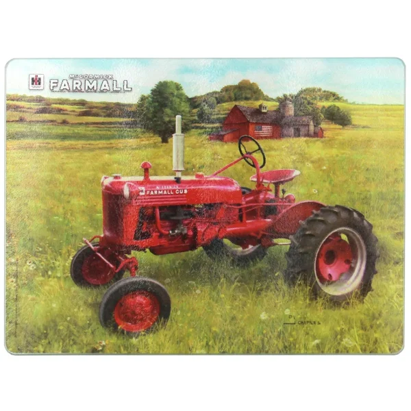 Outback Toys Kitchen<IH McCormick Farmall Cub Tractor in Field Glass Cutting Board, 15.5in x 11.75in