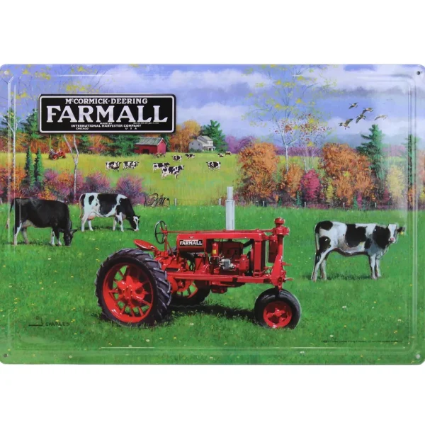 Outback Toys Branded Signs<IH McCormick-Deering Farmall Tractor with Cows Embossed Metal Sign, 16.75in x 12in