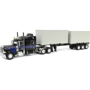 Manufacturer_DCP by First Gear Box Trucks & Trailers<1/64 Jet Black Peterbilt 389 63in Mid-Roof Sleeper w/ Container Chassis & Two 20ft Containers, DCP by First Gear