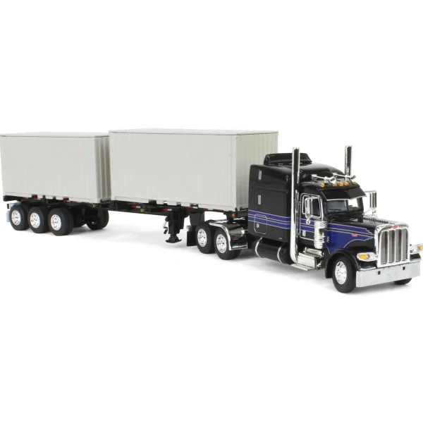 Manufacturer_DCP by First Gear Box Trucks & Trailers<1/64 Jet Black Peterbilt 389 63in Mid-Roof Sleeper w/ Container Chassis & Two 20ft Containers, DCP by First Gear