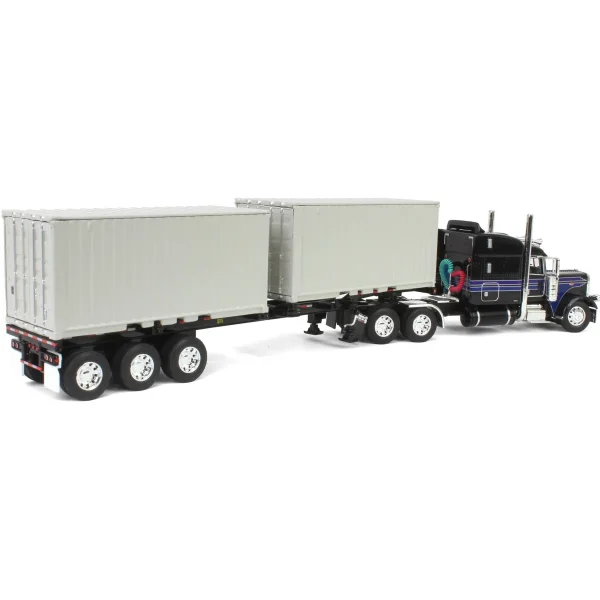 Manufacturer_DCP by First Gear Box Trucks & Trailers<1/64 Jet Black Peterbilt 389 63in Mid-Roof Sleeper w/ Container Chassis & Two 20ft Containers, DCP by First Gear