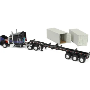 Manufacturer_DCP by First Gear Box Trucks & Trailers<1/64 Jet Black Peterbilt 389 63in Mid-Roof Sleeper w/ Container Chassis & Two 20ft Containers, DCP by First Gear