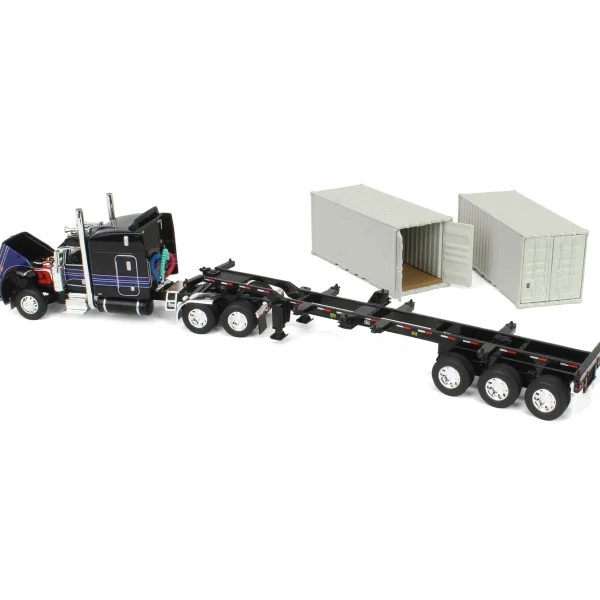 Manufacturer_DCP by First Gear Box Trucks & Trailers<1/64 Jet Black Peterbilt 389 63in Mid-Roof Sleeper w/ Container Chassis & Two 20ft Containers, DCP by First Gear