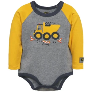 Outback Toys John Deere<John Deere Infant Dump Truck Medium Heather Gray & Construction Yellow Onesie