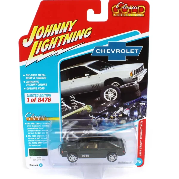 Manufacturer_Auto World Cars & Suvs<1/64 Johnny Lightning Classic Gold 2022 Release 3A - 1981 Chevrolet Citation X-1 Dark Green Metallic