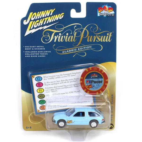 Manufacturer_Auto World Cars & Suvs<1/64 Johnny Lightning Trivial Pursuit - 1976 AMC Pacer with Poker Chip, Light Blue