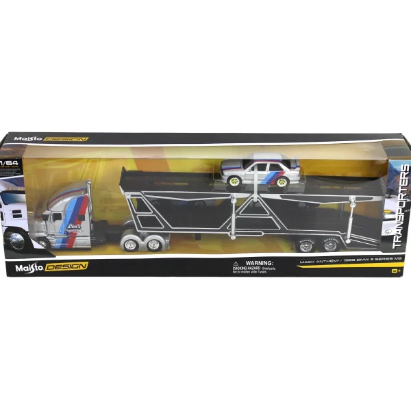 Manufacturer_Maisto Cars & Suvs<1/64 Mack Anthem Car Carrier with 1988 BMW 3 Series M3, Silver, Maisto