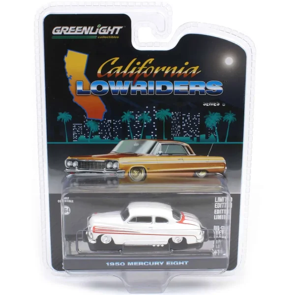 Manufacturer_Greenlight Collectibles Cars & Suvs<1/64 1950 Mercury Eight Coupe, Matte White with Metallic Orange Scallops, California Lowriders Series 6