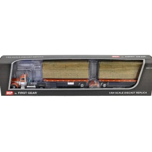 Manufacturer_DCP by First Gear Lowboys & Flatbeds<1/64 Orange/White Peterbilt 379 with 28.5ft Utility Dual Flatbed Trailers with Hay Loads, DCP by First Gear