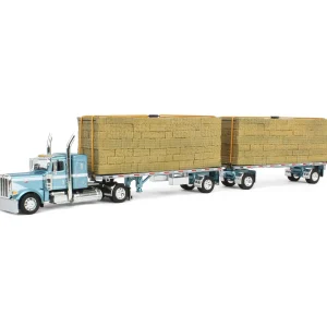Manufacturer_DCP by First Gear Lowboys & Flatbeds<1/64 Pacific Blue Peterbilt 389 36in Flattop with Utility Dual Flatbeds & Hay Load, DCP by First Gear