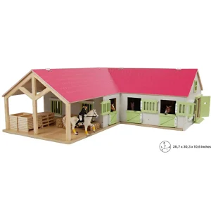 Outback Toys Wooden Barns & Large Accessories<1/24 Pink & White Kids Globe Wooden Horse Stable with 4 Boxes, Storage and Wash Box