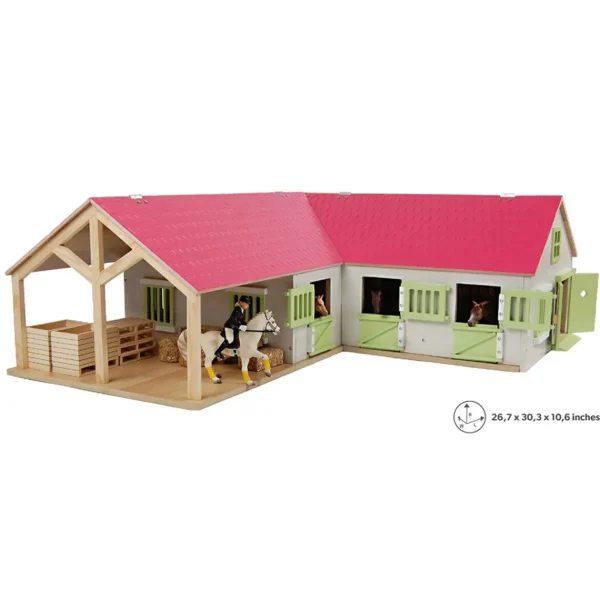 Outback Toys Wooden Barns & Large Accessories<1/24 Pink & White Kids Globe Wooden Horse Stable with 4 Boxes, Storage and Wash Box