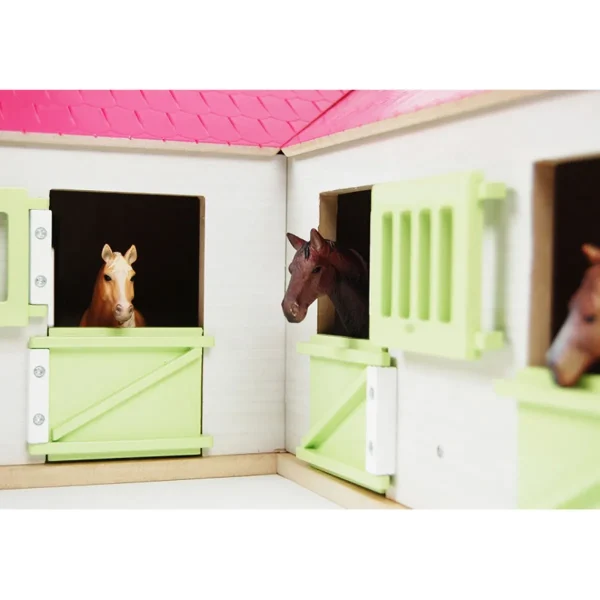 Outback Toys Wooden Barns & Large Accessories<1/24 Pink & White Kids Globe Wooden Horse Stable with 4 Boxes, Storage and Wash Box