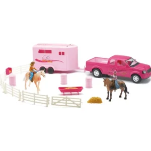 Manufacturer_New Ray Toys Inc. Pickup Trucks<1/25 Pink Truck & Trailer with Horses & Accessories by New Ray