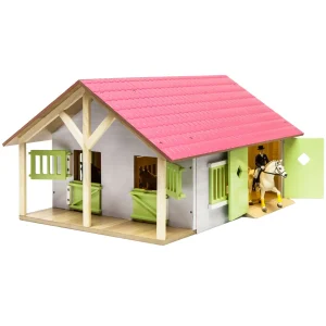 Outback Toys Wooden Barns & Large Accessories<1/24 Pink, White & Green Wooden Horse Stable w/ 2 Box Stalls & Workshop by Kids Globe