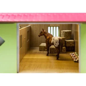 Outback Toys Wooden Barns & Large Accessories<1/24 Pink, White & Green Wooden Horse Stable w/ 2 Box Stalls & Workshop by Kids Globe