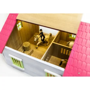 Outback Toys Wooden Barns & Large Accessories<1/24 Pink, White & Green Wooden Horse Stable w/ 2 Box Stalls & Workshop by Kids Globe