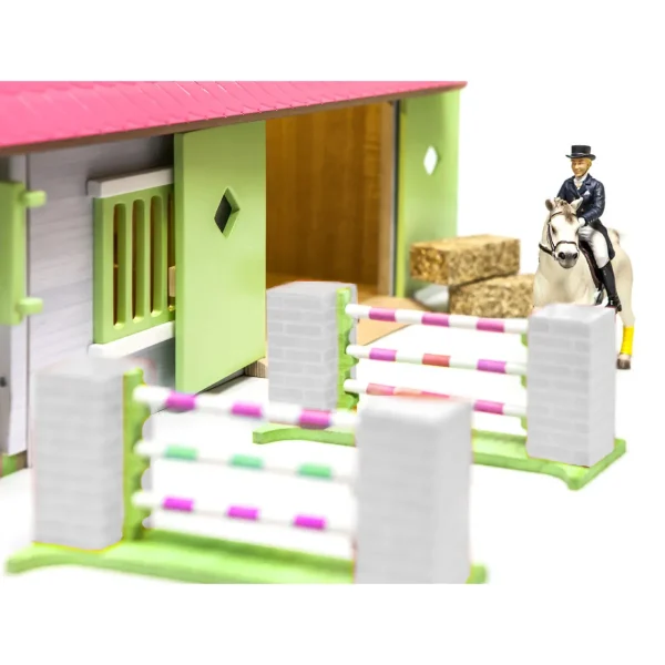 Outback Toys Wooden Barns & Large Accessories<1/24 Pink, White & Green Wooden Horse Stable w/ 2 Box Stalls & Workshop by Kids Globe