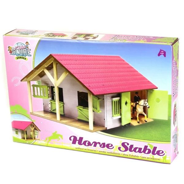 Outback Toys Wooden Barns & Large Accessories<1/24 Pink, White & Green Wooden Horse Stable w/ 2 Box Stalls & Workshop by Kids Globe