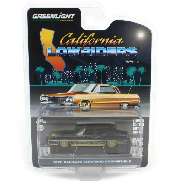 Manufacturer_Greenlight Collectibles Cars & Suvs<Pinstriped Chase ~ 1/64 1976 Cadillac Eldorado Convertible, Black & Gold, California Lowriders Series 6