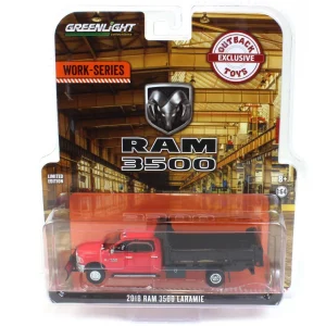 Manufacturer_Greenlight Collectibles Dump Trucks<1/64 2018 Ram 3500 Dually, Red with Black Dump Bed & Plow, Outback Toys Exclusive