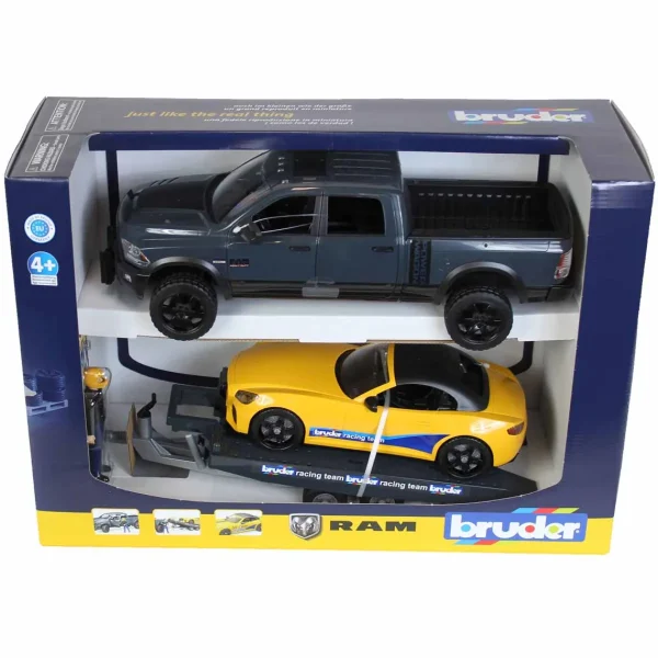 Manufacturer_Bruder Toys Pickup Trucks<1/16 RAM 2500 Pickup with Yellow Racing Team Roadster by Bruder