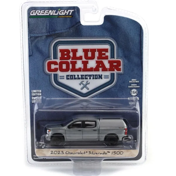 Manufacturer_Greenlight Collectibles Pickup Trucks<Raw Chase Unit ~ 1/64 2023 Chevrolet Silverado 1500 Custom with Camper Shell, Sterling Gray, Blue Collar Series 13