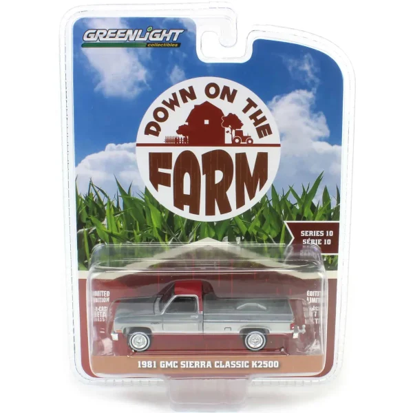 Manufacturer_Greenlight Collectibles Pickup Trucks<Raw Chase Unit ~ 1/64 1981 GMC Sierra Classic K2500, Neutral & Dark Carmine Red Deluxe Two-Tone, Down on the Farm Series 10