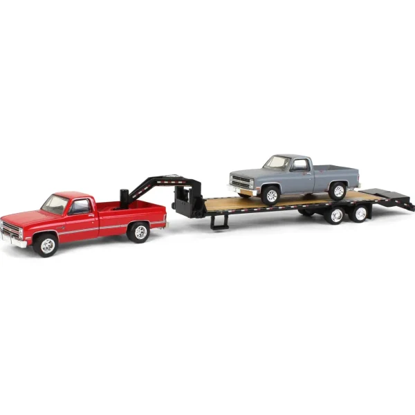 Manufacturer_Greenlight Collectibles Lowboys & Flatbeds | Pickup Trucks<1/64 Red 1986 Chevy K-30 Longbed with Gooseneck & Project Truck, Greenlight Exclusive