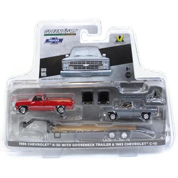 Manufacturer_Greenlight Collectibles Lowboys & Flatbeds | Pickup Trucks<1/64 Red 1986 Chevy K-30 Longbed with Gooseneck & Project Truck, Greenlight Exclusive