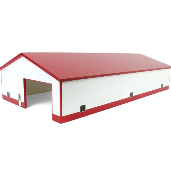 Outback Toys Wooden Barns & Large Accessories<1/64 Red & White 60ft x 120ft Wooden Implement Shed with Double Side Doors