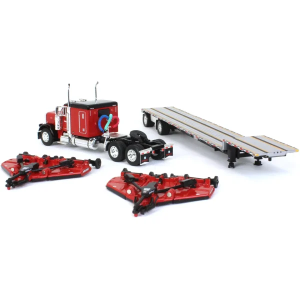 Manufacturer_DCP by First Gear Implements<1/64 Red Bush Hog Peterbilt 379 63" Flattop Sleeper w/ Transcraft Deck Trailer & 2 Bush Hog Wing Mowers