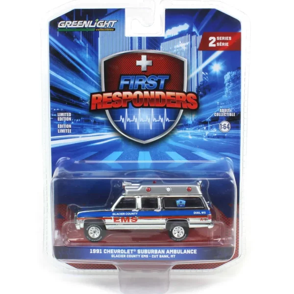 Manufacturer_Greenlight Collectibles Cars & Suvs | Emergency Vehicles<Silver Chrome Super Chase Unit ~ 1/64 1991 Chevrolet Suburban Ambulance, Glacier County EMS, First Responders Series 2
