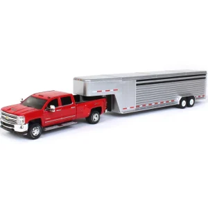 Manufacturer_Greenlight Collectibles Agricultural Trucks<1/64 2018 Silverado 3500 HD, Red Hot w/ Silver Metallic Gooseneck Livestock Trailer