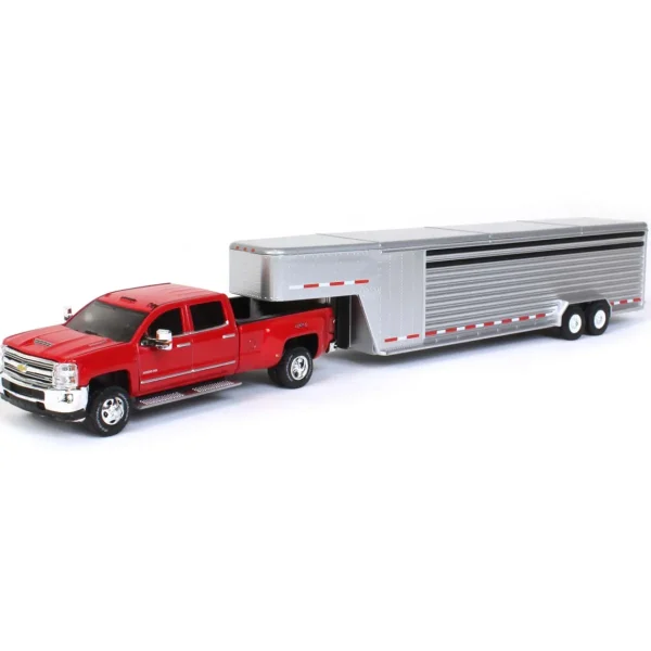 Manufacturer_Greenlight Collectibles Agricultural Trucks<1/64 2018 Silverado 3500 HD, Red Hot w/ Silver Metallic Gooseneck Livestock Trailer