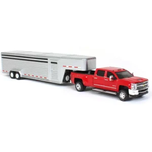 Manufacturer_Greenlight Collectibles Agricultural Trucks<1/64 2018 Silverado 3500 HD, Red Hot w/ Silver Metallic Gooseneck Livestock Trailer