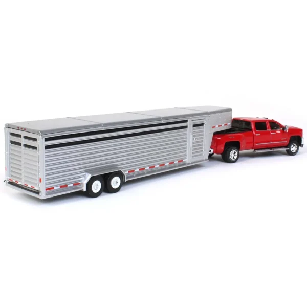 Manufacturer_Greenlight Collectibles Agricultural Trucks<1/64 2018 Silverado 3500 HD, Red Hot w/ Silver Metallic Gooseneck Livestock Trailer