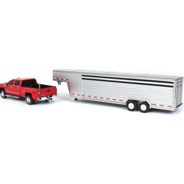 Manufacturer_Greenlight Collectibles Agricultural Trucks<1/64 2018 Silverado 3500 HD, Red Hot w/ Silver Metallic Gooseneck Livestock Trailer