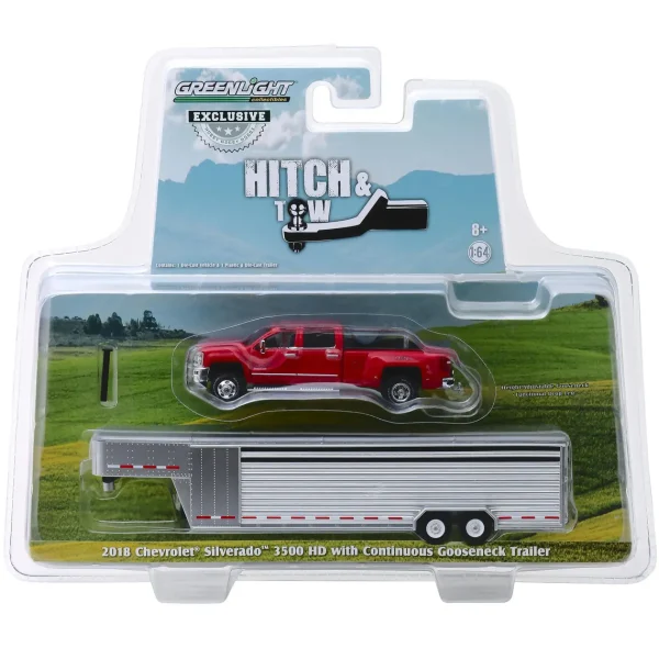 Manufacturer_Greenlight Collectibles Agricultural Trucks<1/64 2018 Silverado 3500 HD, Red Hot w/ Silver Metallic Gooseneck Livestock Trailer