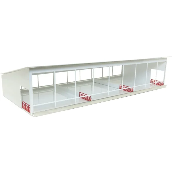 Manufacturer_Standi Toys Standi Toys<1/64 ST387W Metal Monoslope Cattle Barn with gates and feed trough, White, 27 inches long