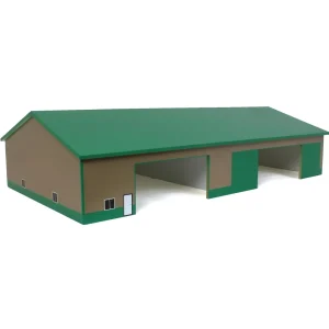 Outback Toys Wooden Barns & Large Accessories<1/64 Tan & Green 2 Door 70ft x 130ft Wooden Implement Pole Building w/ Divided Shop Area
