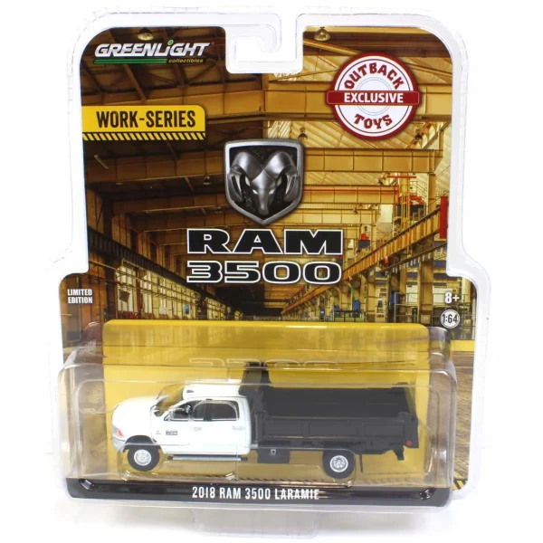 Manufacturer_Greenlight Collectibles Dump Trucks<1/64 White 2018 Ram 3500 Dually with Black Dump Bed, Outback Toys Exclusive