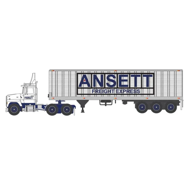 Manufacturer_DCP by First Gear Box Trucks & Trailers<1/64 White & Blue Ford LN9000 with 40' Tri-Axle Van Trailer, Ansett, DCP by First Gear
