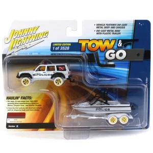 Manufacturer_Johnny Lightning Cars & Suvs | Emergency Vehicles<White Lightning ~ 1/64 Johnny Lightning 1988 Jeep Cherokee with Mastercraft Boat & Light Bar