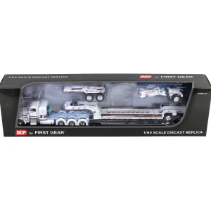 Manufacturer_DCP by First Gear Lowboys & Flatbeds<1/64 White/Light Blue Peterbilt 379 with Fontaine Magnitude Lowboy, Jeep & Stinger, DCP by First Gear
